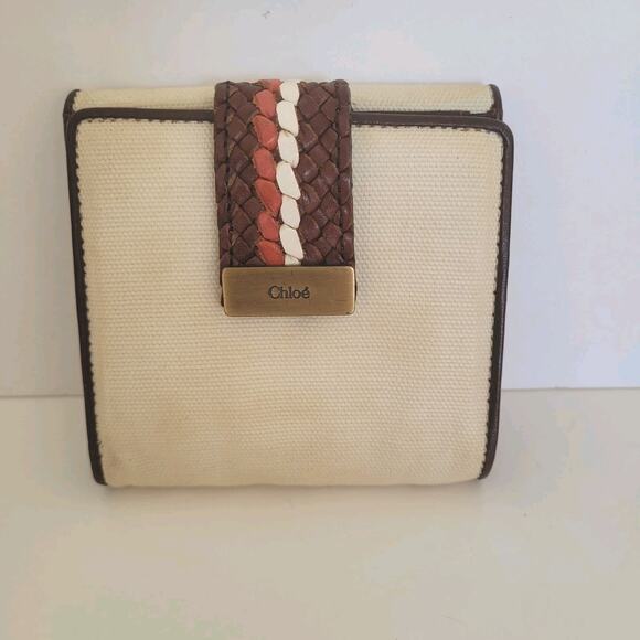 Chloe Canvas Leather Bifold Wallet Tan Brown Compact Bifold Small Box - Picture 2 of 10